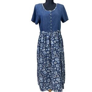 Erika Studio Vintage Denim tie back Floral Print  Dress Size S Blue cottage core